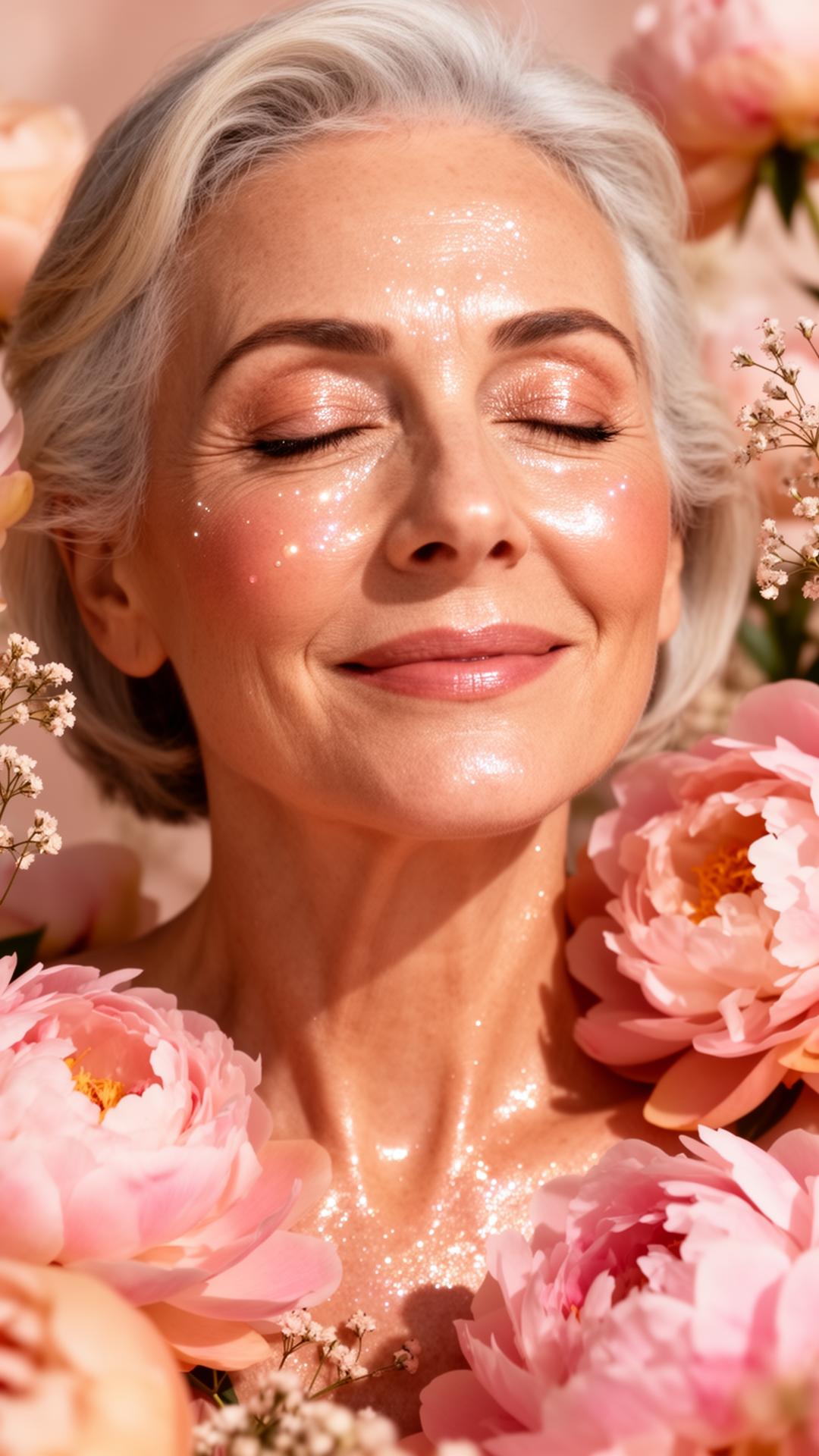 A radiant woman with luminous skin, surrounded by fresh peonies