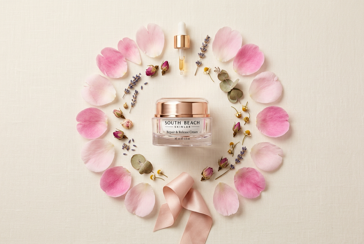South Beach Skin Lab Repair & Release Cream surrounded by peony petals