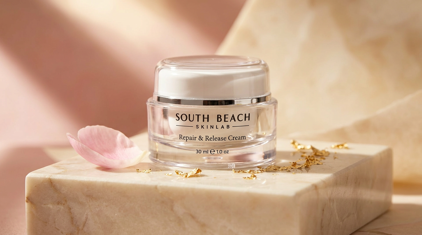 South Beach Skin Lab Repair & Release Cream on cream marble with gold leaf and a peony petal