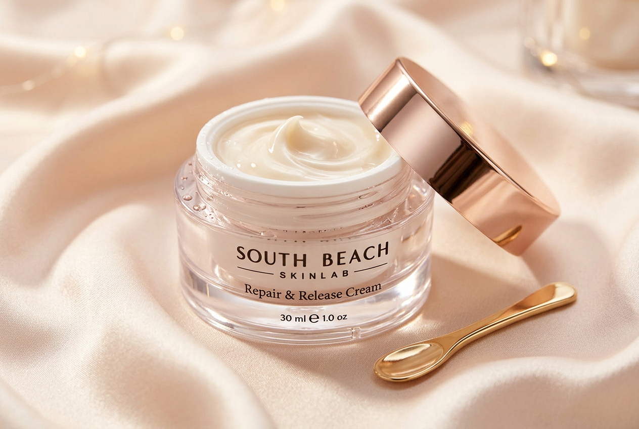 Open jar of South Beach Skin Lab Repair & Release Cream revealing pearlescent peptide cream